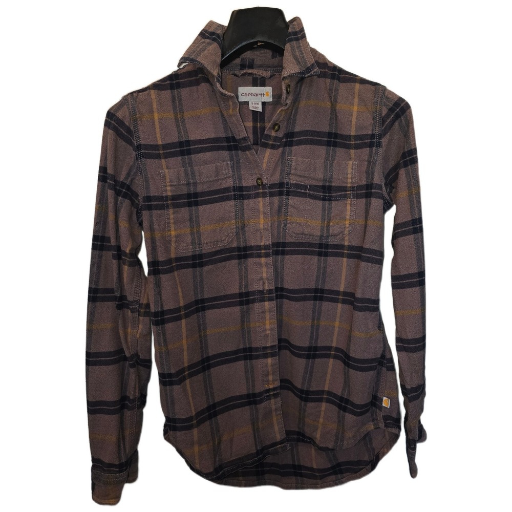 Carhartt Womens Plaid Flannel Button Down Shirt Brown Navy Yellow Small S 4/6